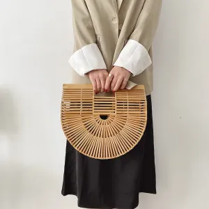 Women Creative Handmade Wooden Hollow Design Handle Tote Bag