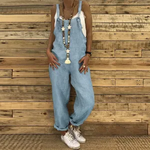 Women Casual Solid Color Sleeveless Vintage Pocket Overalls Oversize Loose Jumpsuits