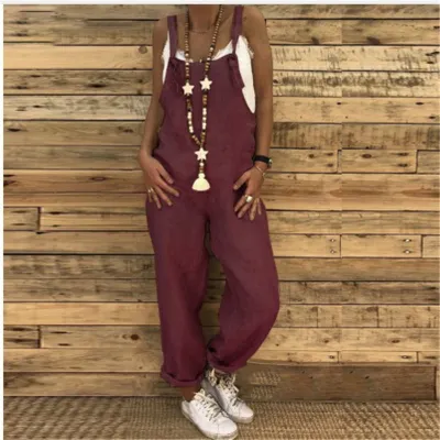 Women Casual Solid Color Sleeveless Vintage Pocket Overalls Oversize Loose Jumpsuits