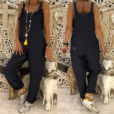 Women Casual Solid Color Sleeveless Vintage Pocket Overalls Oversize Loose Jumpsuits