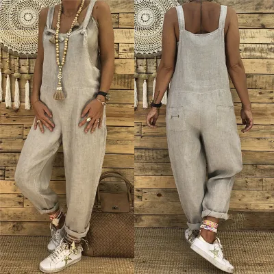Women Casual Solid Color Sleeveless Vintage Pocket Overalls Oversize Loose Jumpsuits