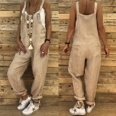 Women Casual Solid Color Sleeveless Vintage Pocket Overalls Oversize Loose Jumpsuits