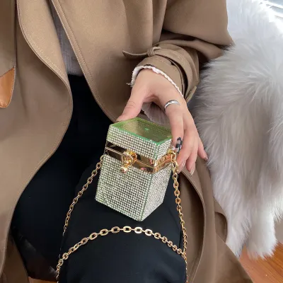 Women Fashion Mini Rhinestone Decorative Buckle Design Square Crossbody Bag