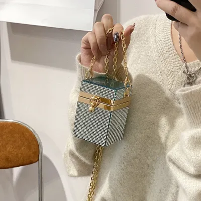 Women Fashion Mini Rhinestone Decorative Buckle Design Square Crossbody Bag
