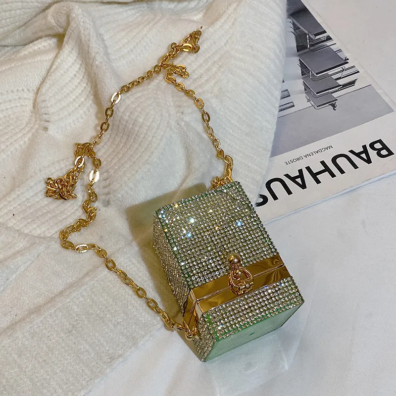 Women Fashion Mini Rhinestone Decorative Buckle Design Square Crossbody Bag