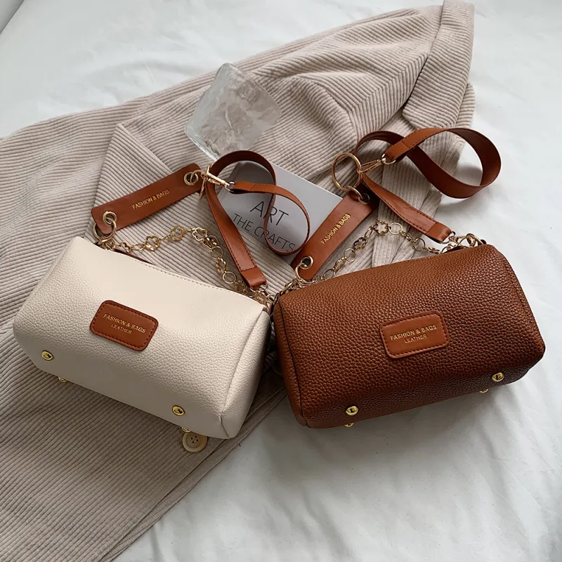 Women Vintage Flower Chain Design Cylindrical PU Shoulder Bag