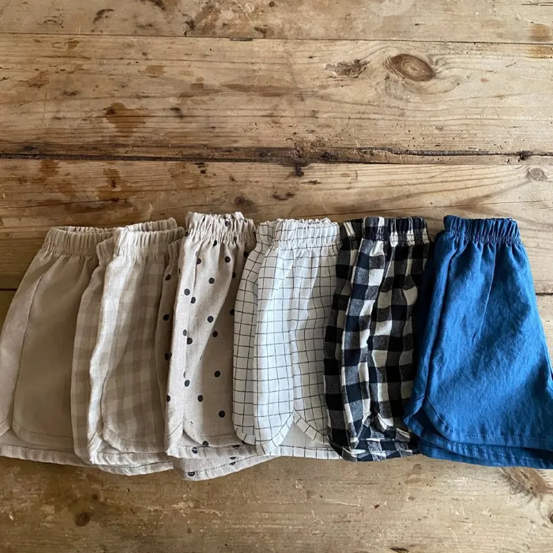 Kids Casual Plaid Polka Dot Elastic Waist Shorts Summer Cotton Boys