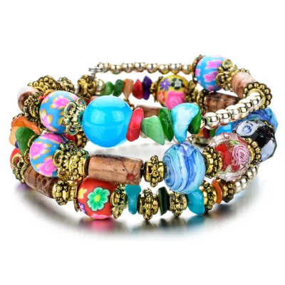 Unisex Bohemian Natural Stone Multilayer Strand Charm Bracelet