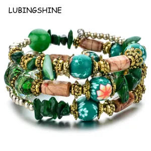 Unisex Bohemian Natural Stone Multilayer Strand Charm Bracelet