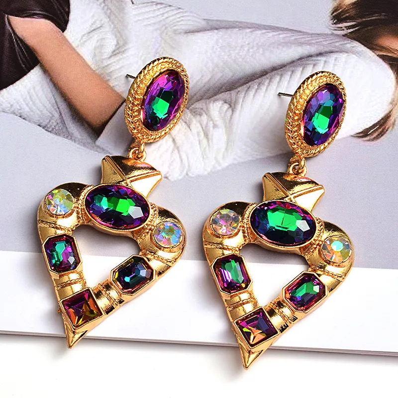 Women Exaggerated Rhinestone Heart Shaped Metal Dangle Earrings