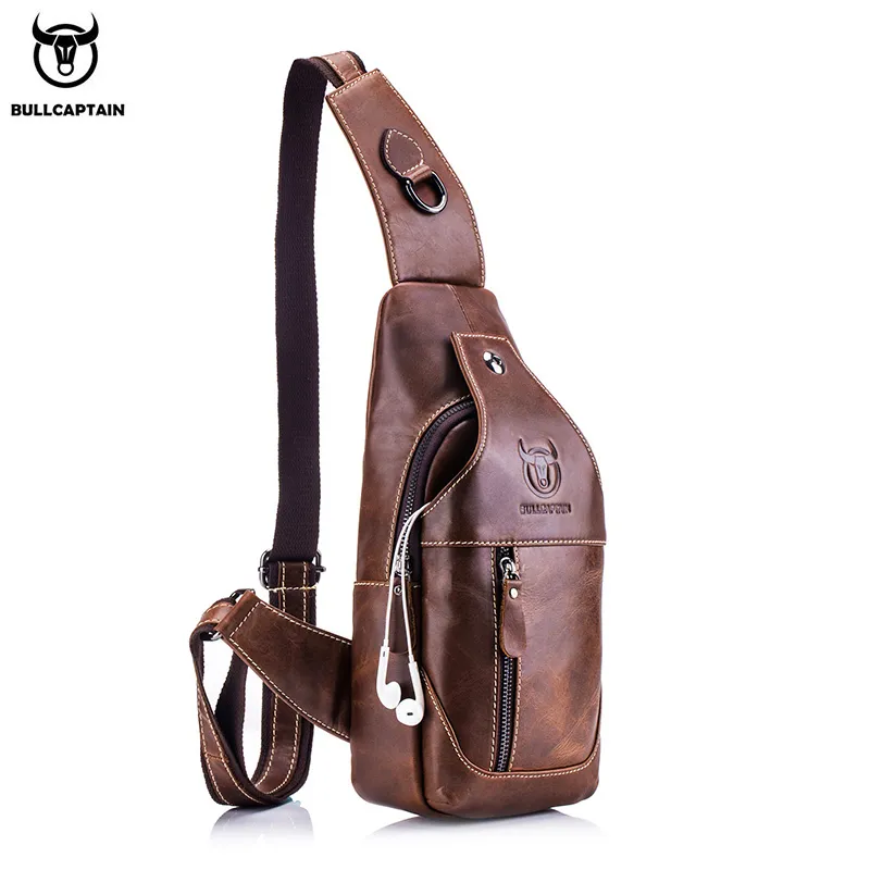 Men Vintage Genuine Leather Zipper Buckle Multi Pocket Business Chest Bag