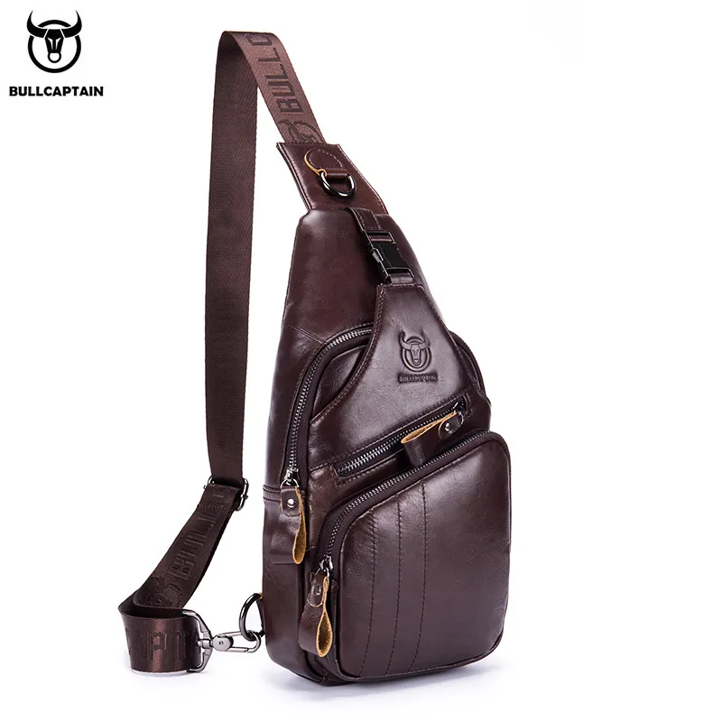 Men Vintage Zipper Design Multi-pocket Business Leather Chest Bag