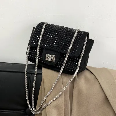 Women's Fashion Rhinestone Decorated PU Crossbody Bag with Flap Buckle Design