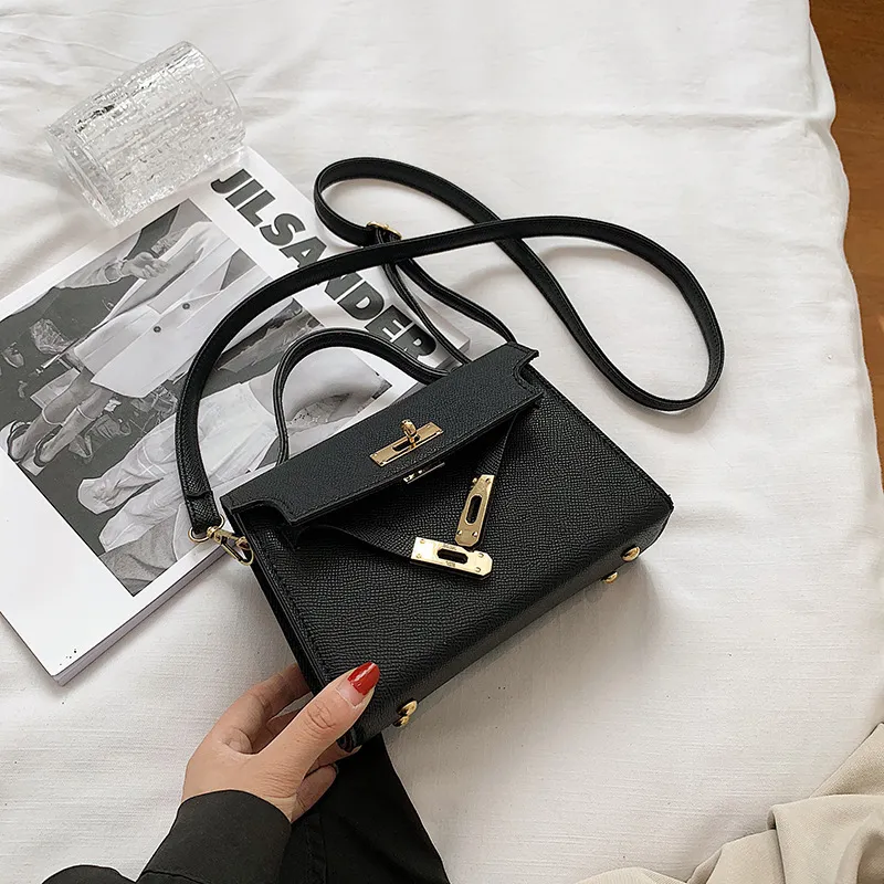 Women Fashion Flap Buckle Design Solid Color PU Crossbody Bag