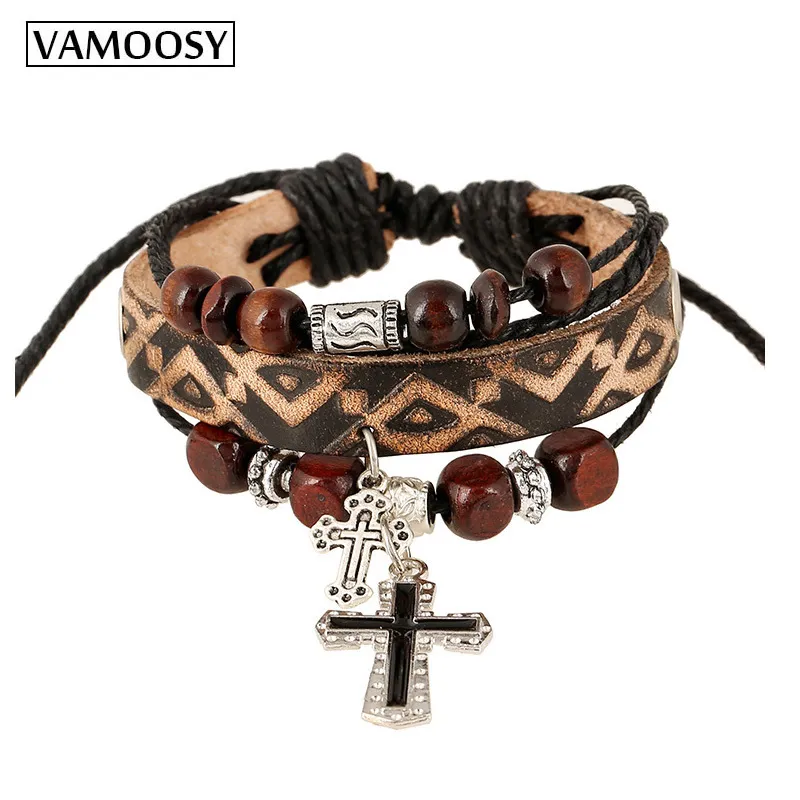 Unisex Classic Cross Pendant PU Wrap Charm Bracelet Rope Chain Trendy Women