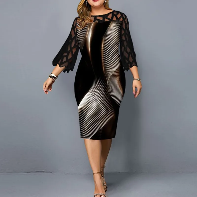Women Plus Size Elegant Spring Color Blocking Lace Patchwork Short Sleeves Dress