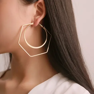 Women Exaggerated Polygon And Circle Overlap Design Hoop Earrings