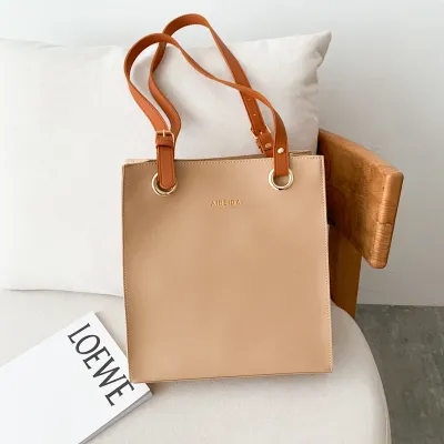 Women Casual Basic Solid Color Large Capacity PU Square Tote Shoulder Bag