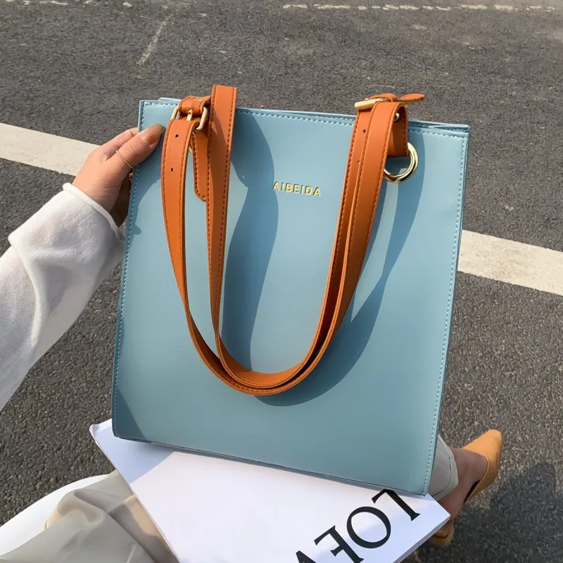 Women Casual Basic Solid Color Large Capacity PU Square Tote Shoulder Bag