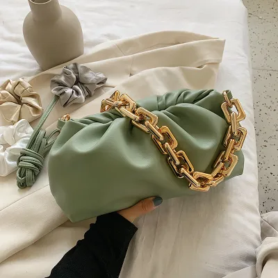 Women Fashion Thick Chain Crease Design Solid Color PU Shoulder Bag