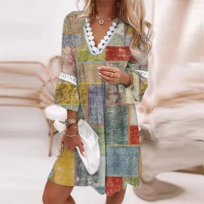 Spring Elegant Bohemian Women Long-Sleeved V Neck Ruffled Lace Patchwork Loose Dress