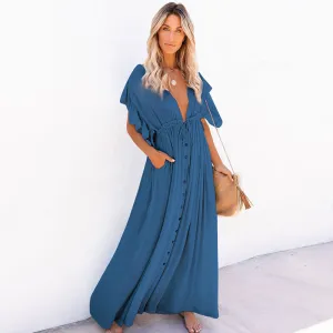 Women Elegant Solid Color Beach Drawstring Short Sleeves Ruffled Maxi Dress