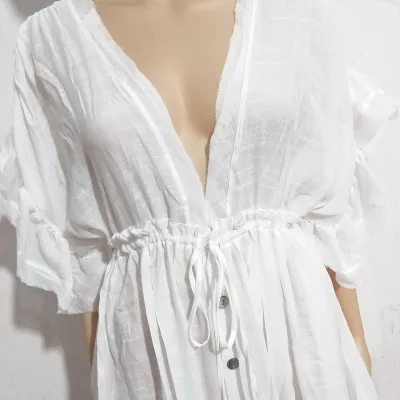 Women Elegant Solid Color Beach Drawstring Short Sleeves Ruffled Maxi Dress