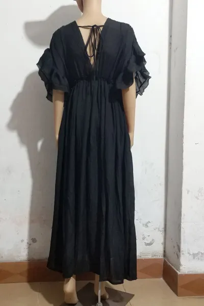 Women Elegant Solid Color Beach Drawstring Short Sleeves Ruffled Maxi Dress