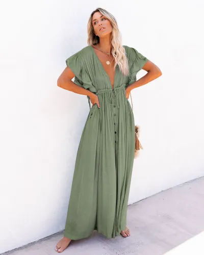 Women Elegant Solid Color Beach Drawstring Short Sleeves Ruffled Maxi Dress