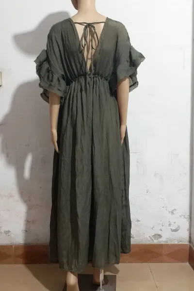 Women Elegant Solid Color Beach Drawstring Short Sleeves Ruffled Maxi Dress