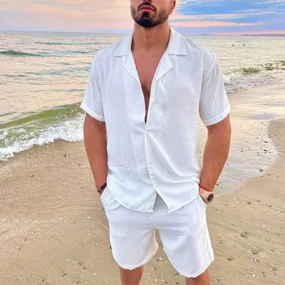 Men Basic Summer Casual Solid Color Short Sleeve Buttoned Shirt And Beach Shorts Set