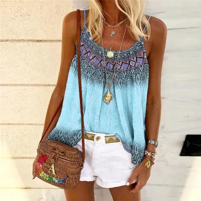 Women Vintage Casual Summer Sleeveless Loose Bohemian Print Tank Top