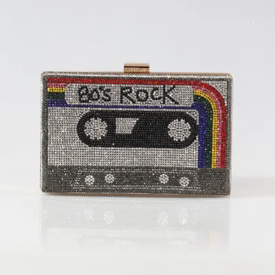 Women Vintage Creative Tape Design Rhinestone Decorative Metal Evening Bag Box Clutch