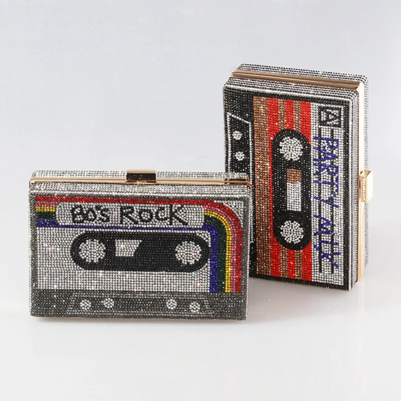Women Vintage Creative Tape Design Rhinestone Decorative Metal Evening Bag Box Clutch