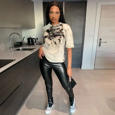 Women Casual PU Leather Solid Color Side-slit High Waist Pants