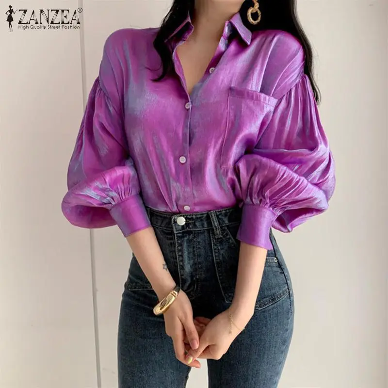 Women's Elegant Lapel Casual Long Puff Sleeve Blouse - Solid Color