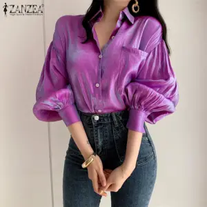 Women's Elegant Lapel Casual Long Puff Sleeve Blouse - Solid Color