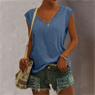 Women Casual Solid Color V Neck Loose Sleeveless Tank Top