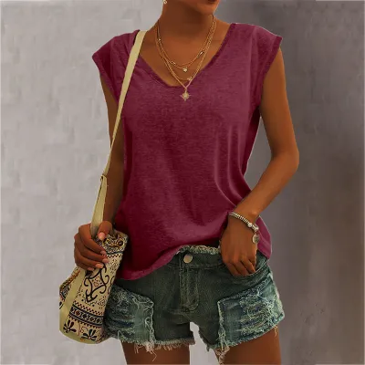 Women Casual Solid Color V Neck Loose Sleeveless Tank Top