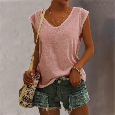 Women Casual Solid Color V Neck Loose Sleeveless Tank Top