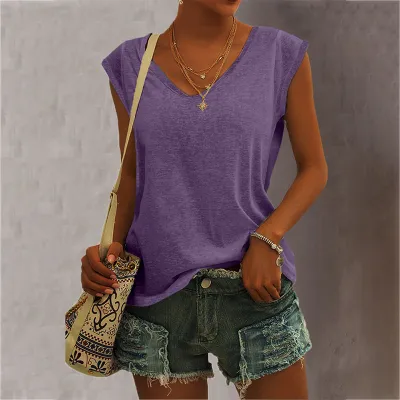 Women Casual Solid Color V Neck Loose Sleeveless Tank Top