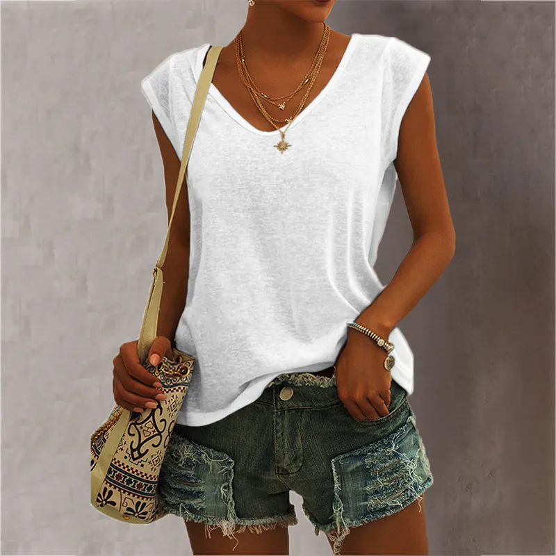 Women Casual Solid Color V Neck Loose Sleeveless Tank Top
