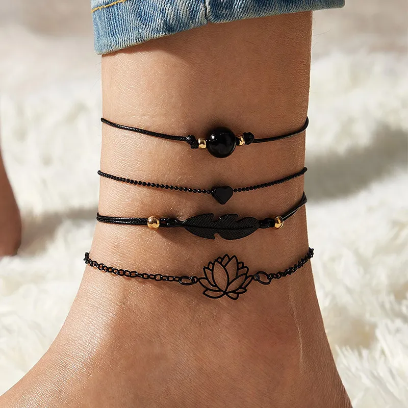 4 Pcs/Set Women Bohemian Feather And Lotus Design Alloy Anklet Punk