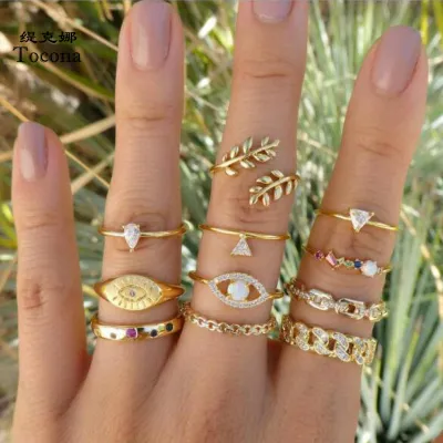 Women Unique Evil Eye Triangle Hollow Out Geometric Metal Ring Set