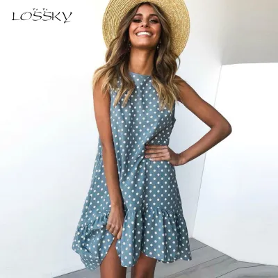 Women Bohemian Summer Polka Dot Sleeveless Ruffled Beach Mini Casual Sundress Fashion Dress