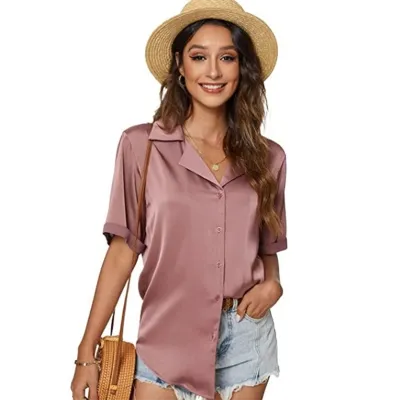 Women Elegant Office Satin Short Sleeve Solid Color Single-breasted Loose Blouse
