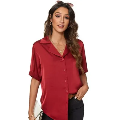 Women Elegant Office Satin Short Sleeve Solid Color Single-breasted Loose Blouse