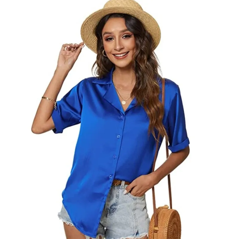 Women Elegant Office Satin Short Sleeve Solid Color Single-breasted Loose Blouse
