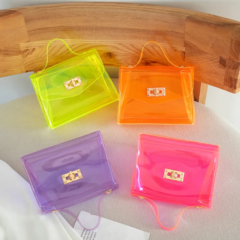 Women Cute Flap Buckle Design Transparent Clear Solid Color PVC Crossbody Bag