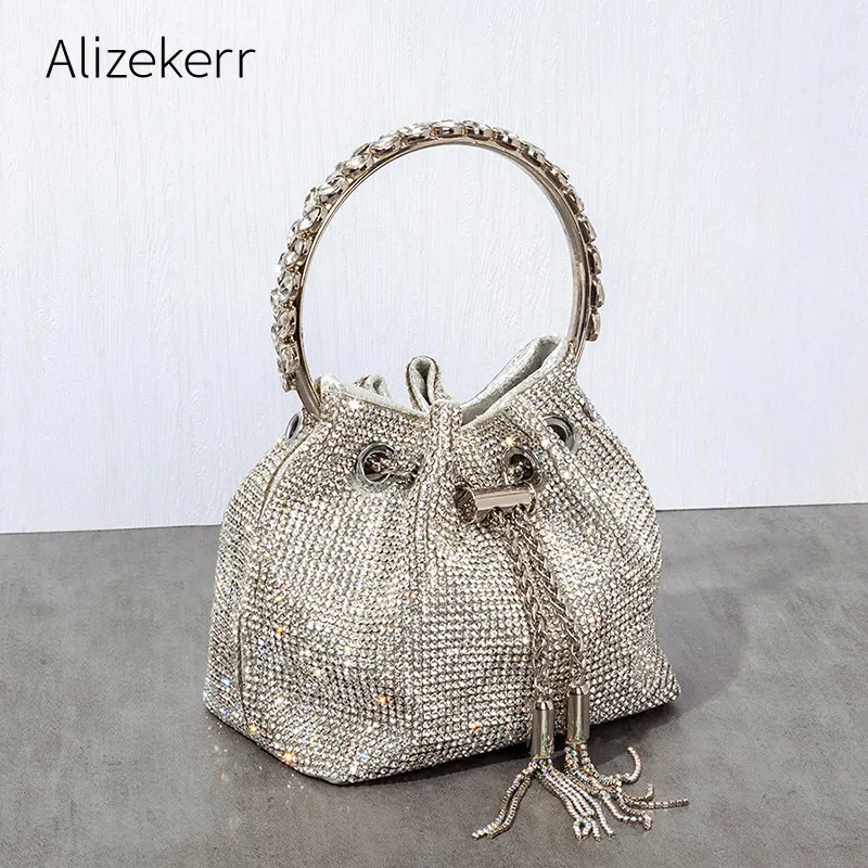 Women Chic Sparkling Crease Drawstring Hoop Rhinestone Decoration Evening Bag